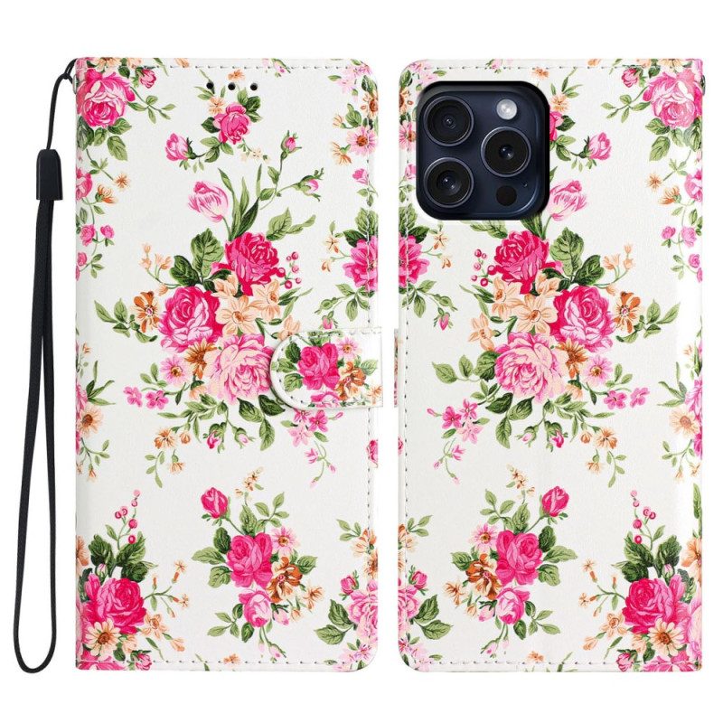 Läderfodral iPhone 16 Pro Max Telefonfodral Röda Blommor Med Rem