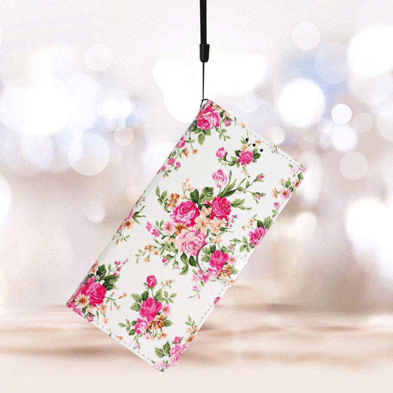 Läderfodral iPhone 16 Pro Max Telefonfodral Röda Blommor Med Rem