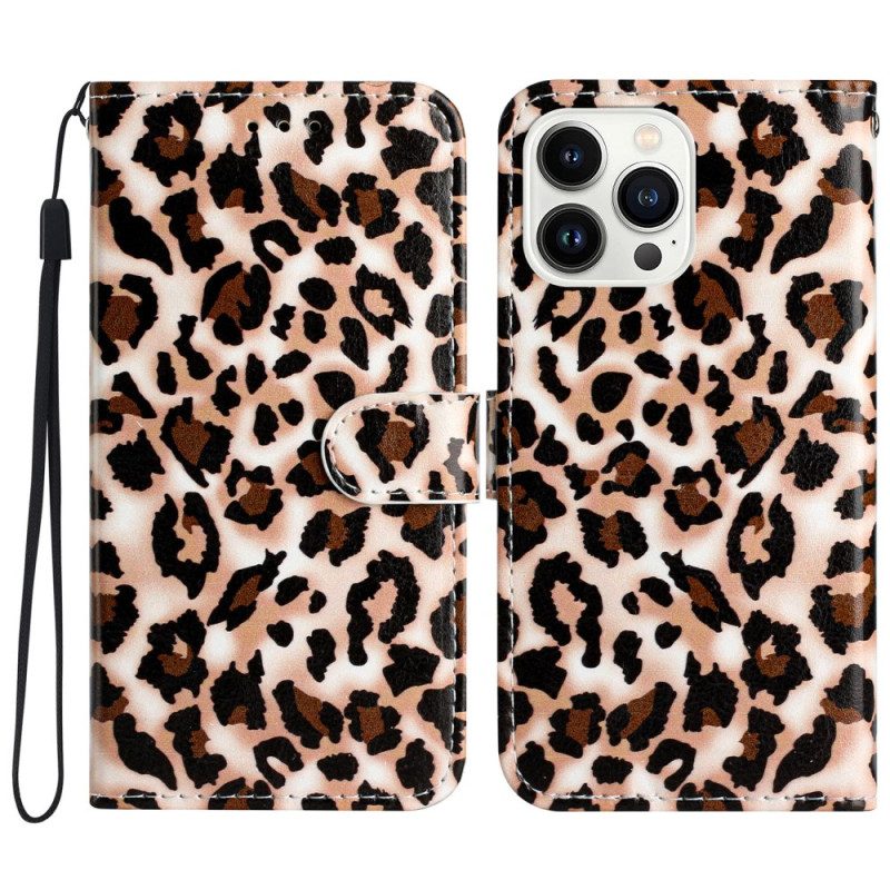 Läderfodral iPhone 16 Pro Telefonfodral Leopardmönster Med Rem