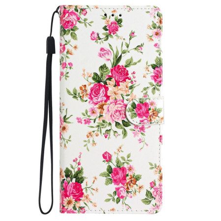 Läderskal Fodral iPhone 16 Pro Röda Blommor Med Rem