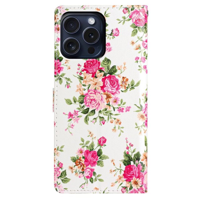 Läderskal Fodral iPhone 16 Pro Röda Blommor Med Rem