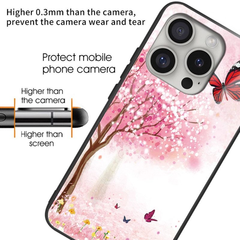 Skal iPhone 16 Pro Telefonfodral Cherry Blossom Tempered Glass