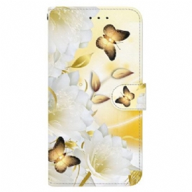 Fodral För Samsung Galaxy S24 5g Gyllene Fjäril Och Blommor Med Rem