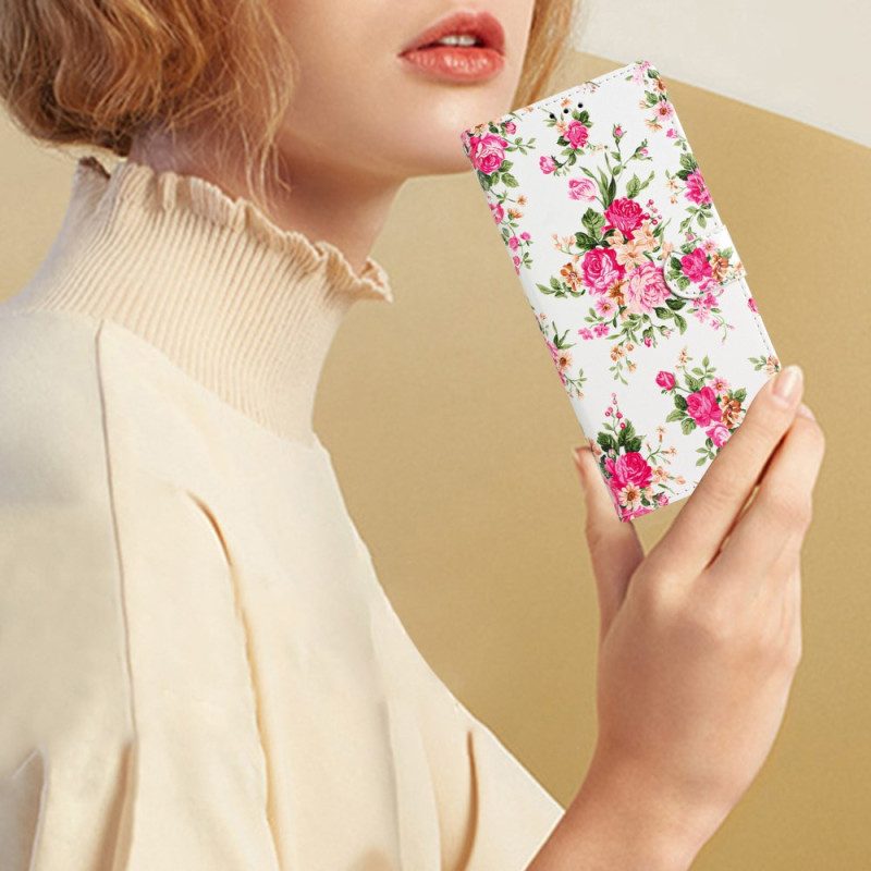 Fodral För Samsung Galaxy S24 5g Röda Blommor Med Rem