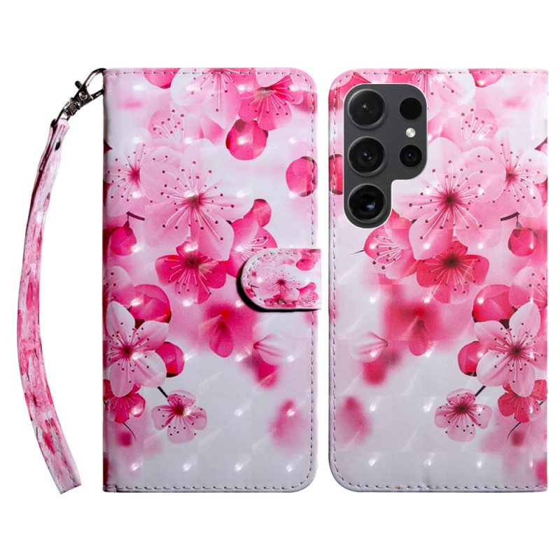 Fodral För Samsung Galaxy S24 Ultra 5g Röda Blommor Med Rem