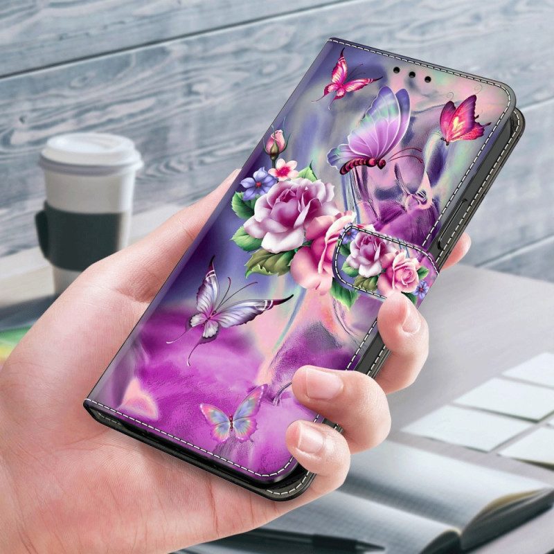 Fodral Samsung Galaxy A55 5g Lila Fjärilar Och Blommor