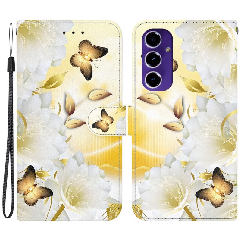 Fodral Samsung Galaxy S24 Fe Gyllene Fjärilar Och Vita Blommor