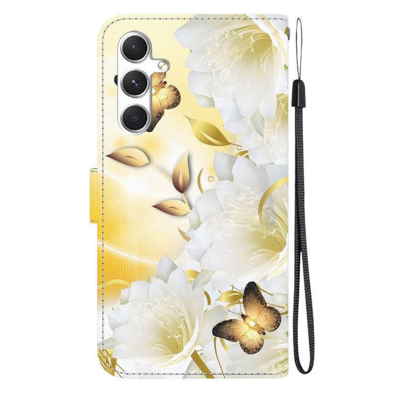 Fodral Samsung Galaxy S24 Plus 5g Gyllene Fjärilar Och Blommor Med Rem