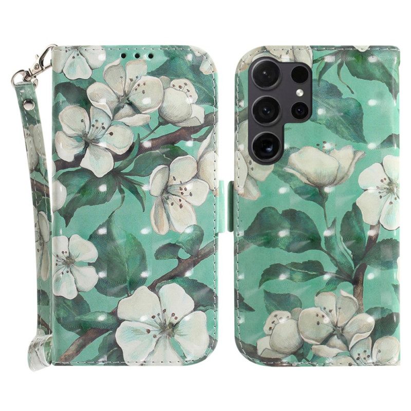 Fodral Samsung Galaxy S24 Ultra 5g Med Vita Blommor Med Rem