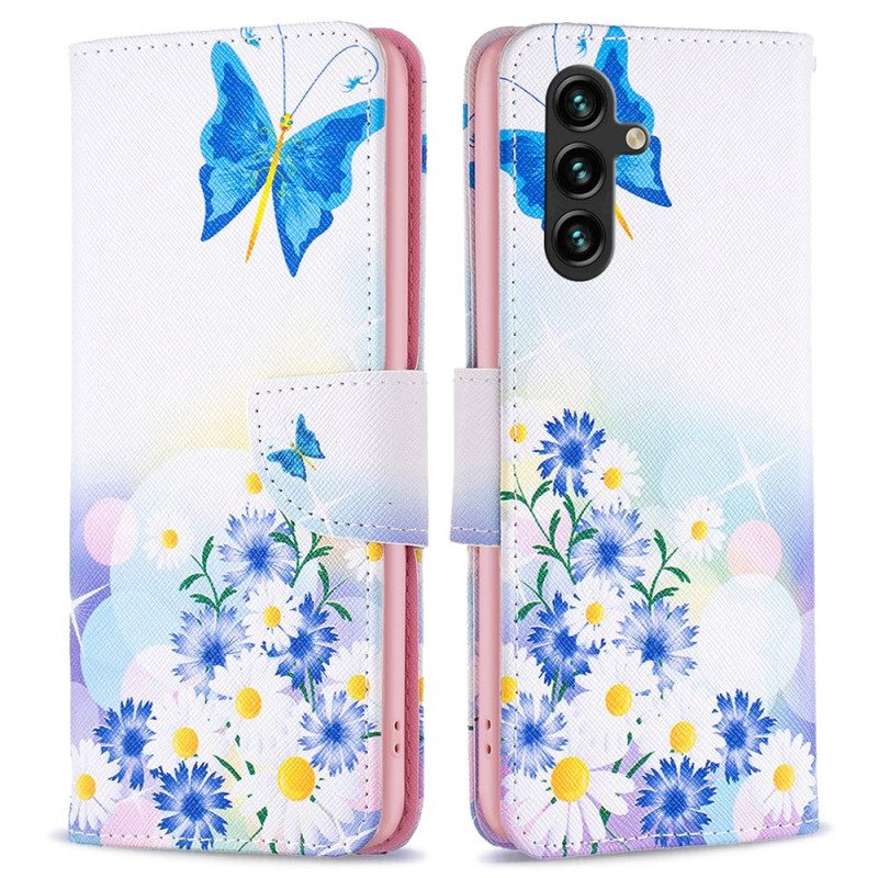 Läderfodral Samsung Galaxy A15 Telefonfodral Fjäril Och Blommor Akvarell