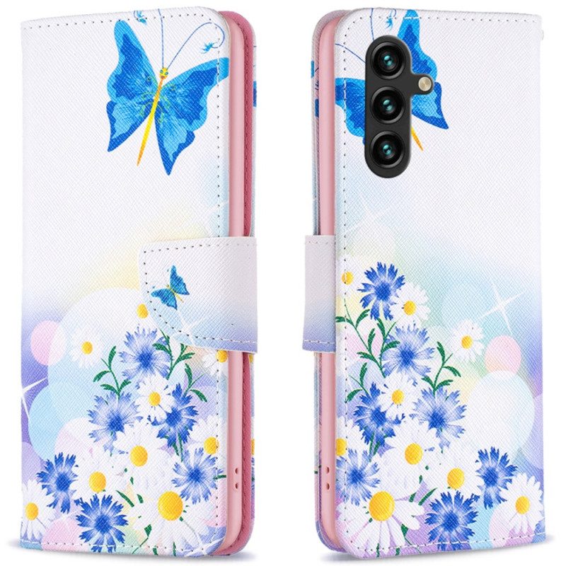 Läderfodral Samsung Galaxy A16 5g Telefonfodral Fjäril Och Blommor Akvarell