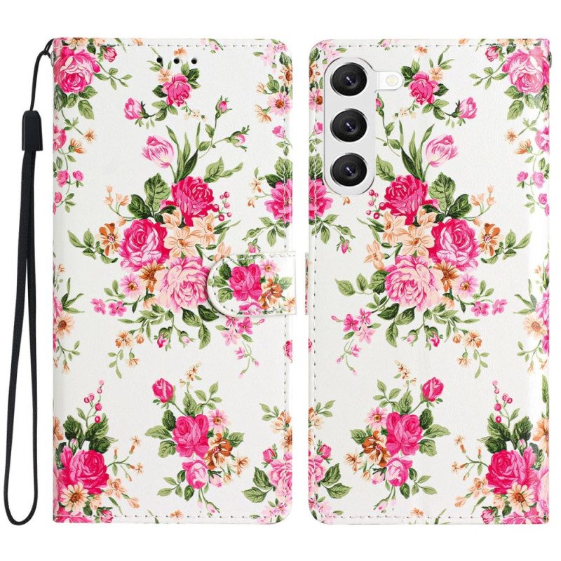 Läderfodral Samsung Galaxy S24 Plus 5g Telefonfodral Röda Blommor Med Rem