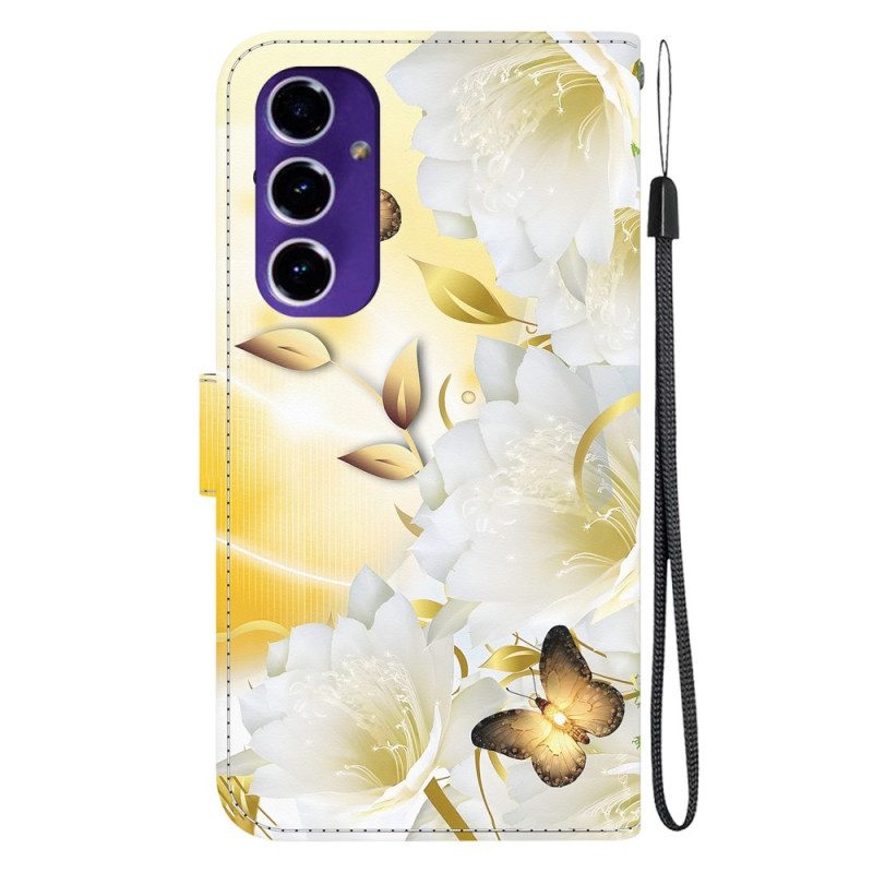 Läderskal Fodral Samsung Galaxy A16 5g Gyllene Fjäril Och Vita Blommor