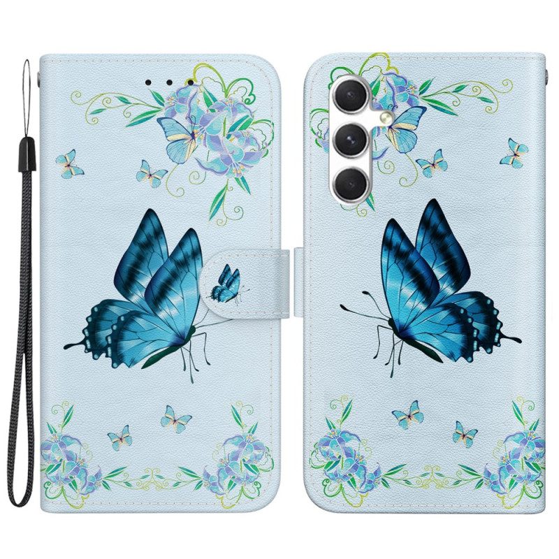 Läderskal Fodral Samsung Galaxy S24 5g Blå Fjäril Och Blommor