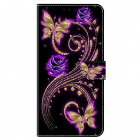 Läderskal Fodral Samsung Galaxy S24 5g Violettblommor Och Fjärilar