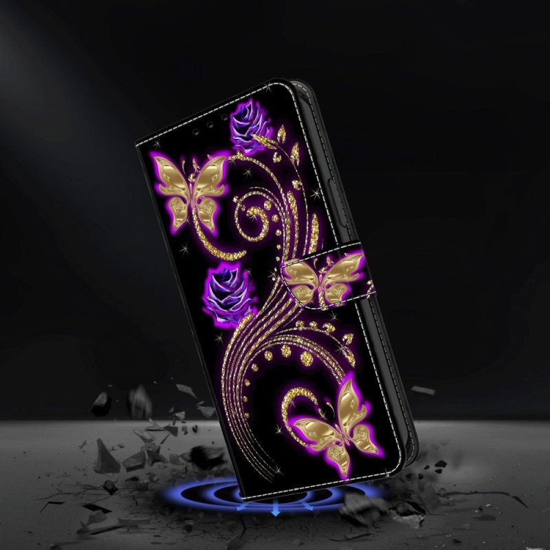 Läderskal Fodral Samsung Galaxy S24 5g Violettblommor Och Fjärilar