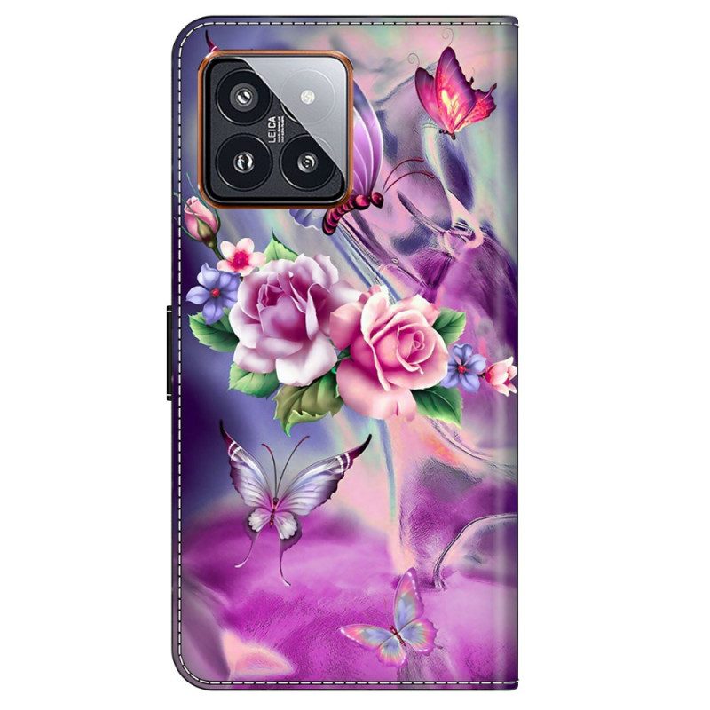 Fodral Xiaomi 14 Pro Lila Fjärilar Och Blommor