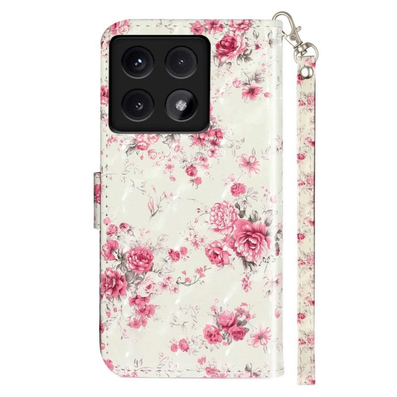 Fodral Xiaomi 14t Rosa Blommor Med Rem