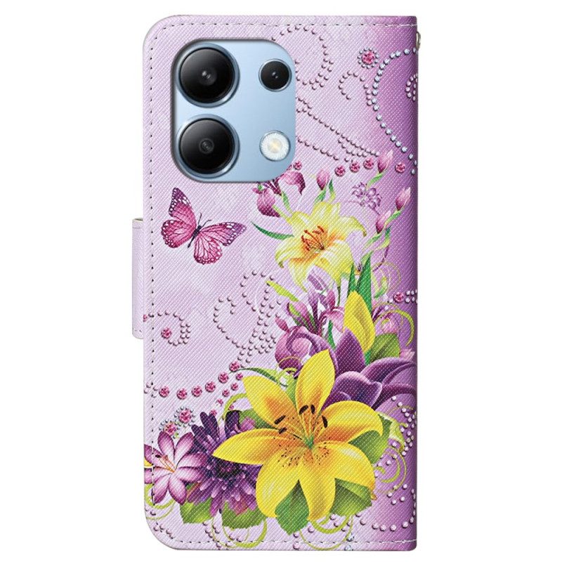 Fodral Xiaomi Redmi Note 13 4g Blommor Och Fjärilar Mönster Med Rem