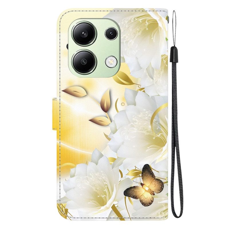 Fodral Xiaomi Redmi Note 13 4g Gyllene Fjärilar Och Vita Blommor Med Rem