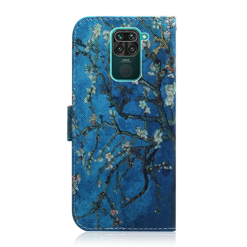 Läderfodral För Xiaomi Redmi Note 9 Blommande Träd Blå Bakgrund