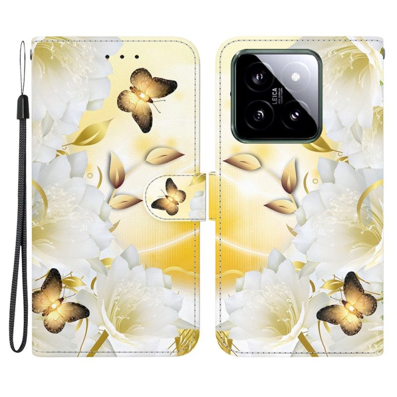 Läderfodral Xiaomi 14 Telefonfodral Gyllene Fjärilar Och Vita Blommor Med Rem