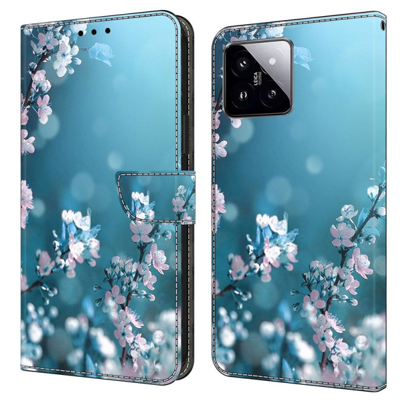 Läderfodral Xiaomi 14 Telefonfodral Plommonblomning