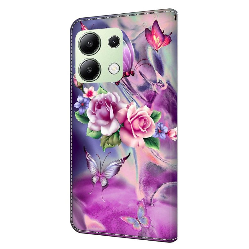 Läderfodral Xiaomi Redmi Note 13 4g Telefonfodral Fjärilar Och Violblommor