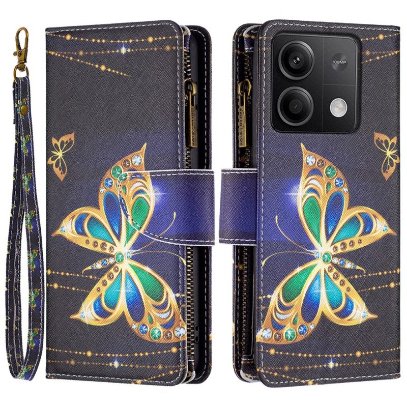 Läderskal Fodral Xiaomi Redmi Note 13 5g Strass Butterfly Plånbok Med Rem