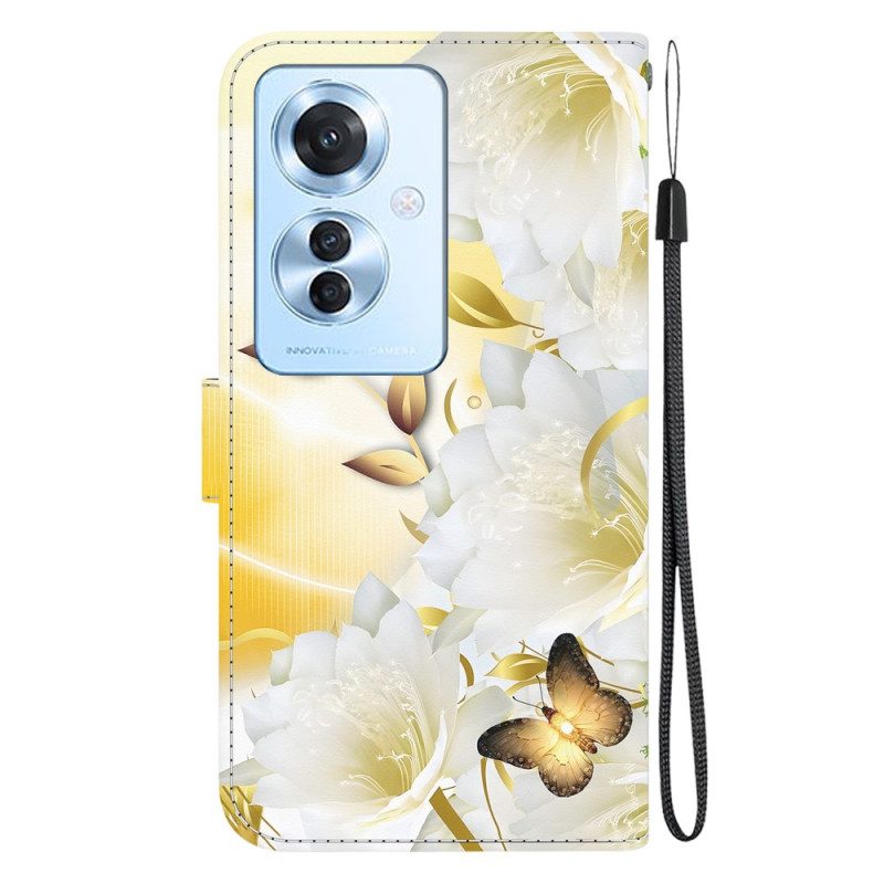 Fodral För Oppo Reno 11f 5g Gyllene Fjärilar Och Vita Blommor