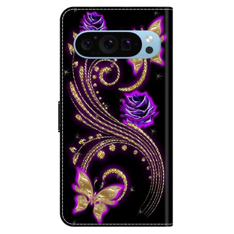 Läderfodral Google Pixel 9 Pro Xl Telefonfodral Violettblommor Och Fjärilar