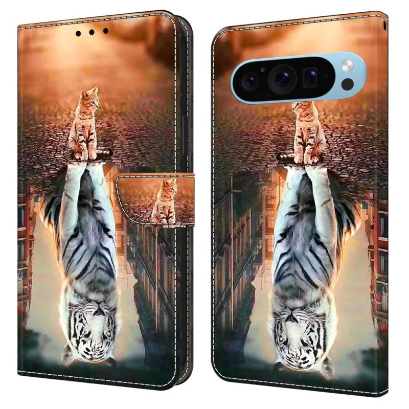 Läderfodral Google Pixel 9 Telefonfodral Katt Och Tiger