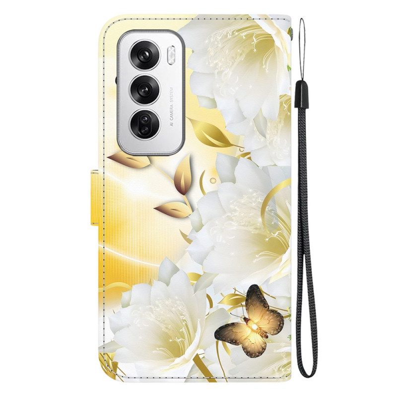 Läderfodral Oppo Reno 12 5g Telefonfodral Gyllene Fjärilar Och Blommor Med Rem