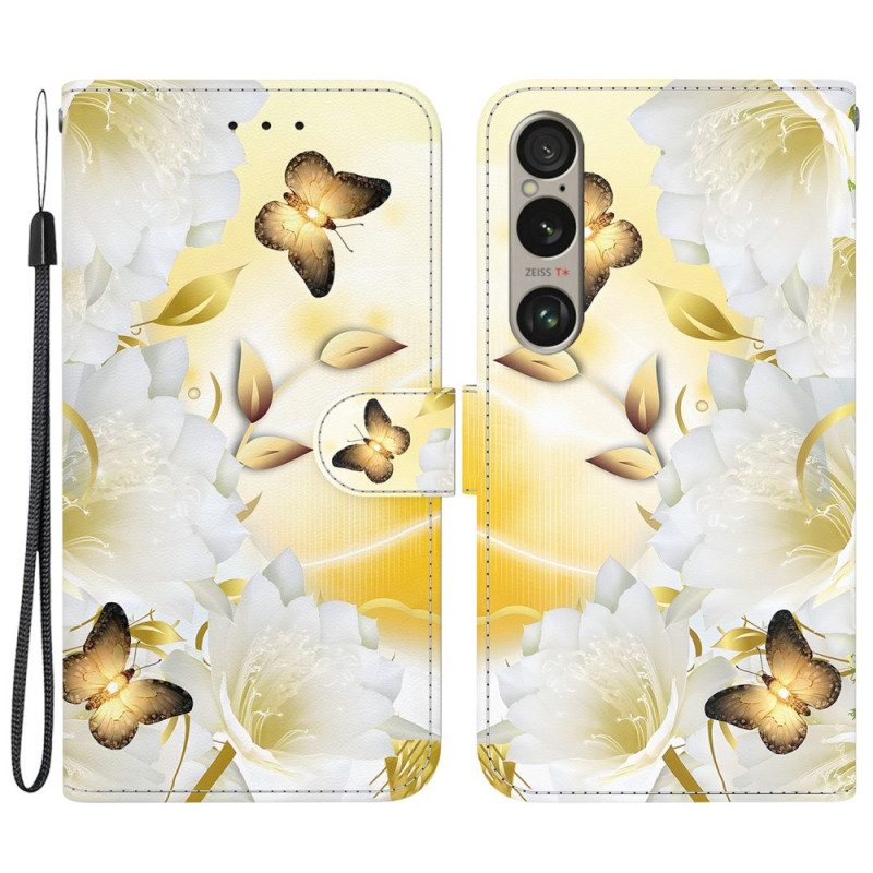 Läderfodral Sony Xperia 1 Vi Telefonfodral Gyllene Fjärilar Och Vita Blommor Med Rem